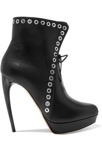 Shop Alexander Mcqueen Woman Eyelet-embellished Leather Platform Ankle Boots Black
