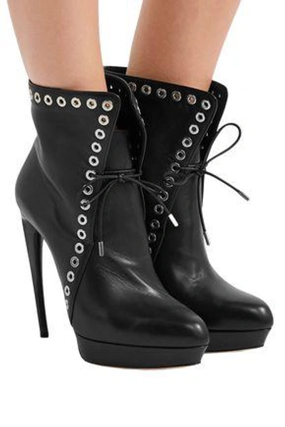 Shop Alexander Mcqueen Woman Eyelet-embellished Leather Platform Ankle Boots Black