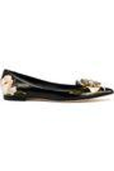 Shop Dolce & Gabbana Crystal-embellished Floral-print Leather Point-toe Flats In Black