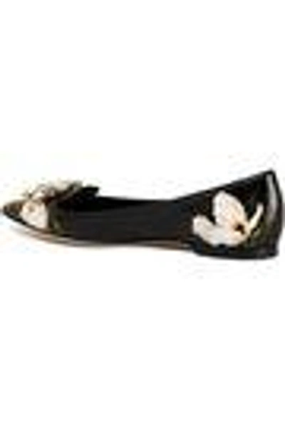 Shop Dolce & Gabbana Crystal-embellished Floral-print Leather Point-toe Flats In Black