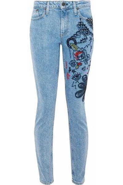Shop Alice And Olivia Alice + Olivia Woman Good Embroidered Mid-rise Skinny Jeans Light Denim