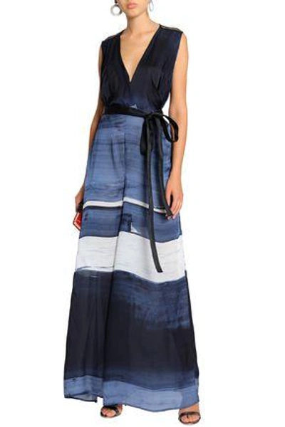 Shop Amanda Wakeley Wrap-effect Printed Silk-georgette Wide-leg Jumpsuit In Blue