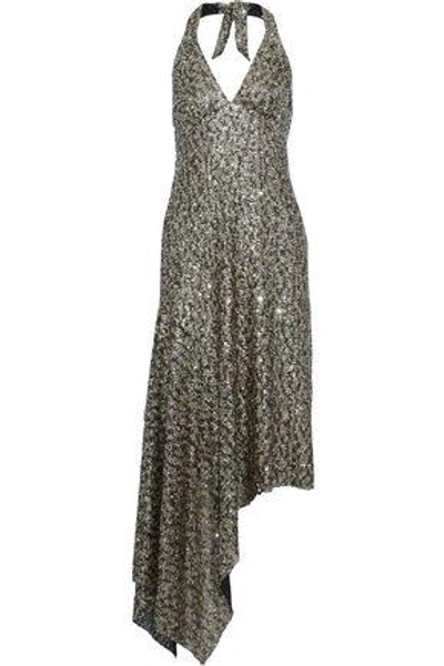 Shop Anna Sui Woman Asymmetric Sequined Tulle Halterneck Midi Dress Gold