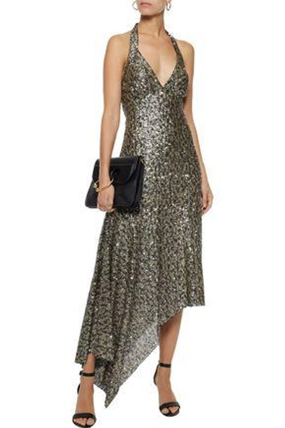 Shop Anna Sui Woman Asymmetric Sequined Tulle Halterneck Midi Dress Gold