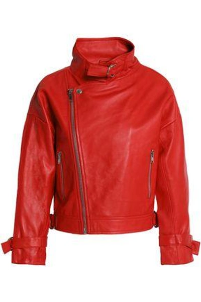 Shop Maje Woman Beline Suede-paneled Leather Biker Jacket Red