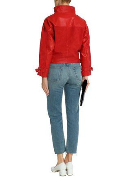 Shop Maje Woman Beline Suede-paneled Leather Biker Jacket Red