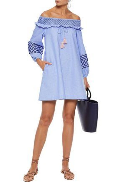 Shop Rebecca Minkoff Woman Goldie Off-the-shoulder Embroidered Cotton Oxford Mini Dress Light Blue