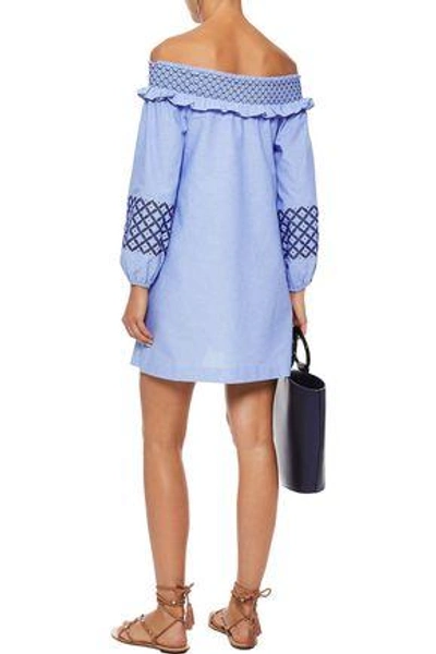 Shop Rebecca Minkoff Woman Goldie Off-the-shoulder Embroidered Cotton Oxford Mini Dress Light Blue