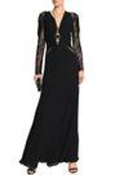 Shop Roberto Cavalli Woman Velvet-trimmed Embellished Crepe Gown Black