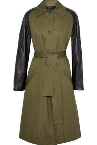 Shop Veda Woman Leather-paneled Cotton-twill Trench Coat Army Green