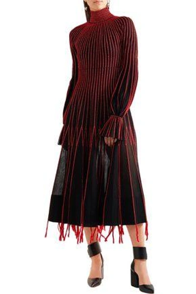 Shop Alexander Mcqueen Embroidered Plissé-silk Turtleneck Dress In Black