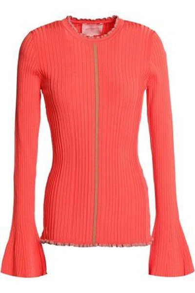 Shop Roksanda Woman Ruffle-trimmed Ribbed-knit Sweater Coral