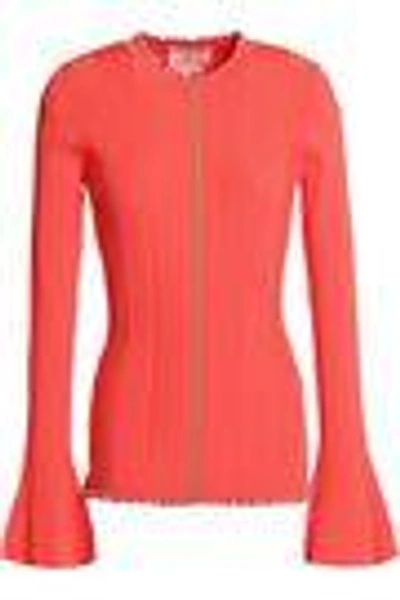 Shop Roksanda Woman Ruffle-trimmed Ribbed-knit Sweater Coral