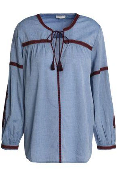 Shop Joie Marlen Embroidered Cotton-chambray Blouse In Light Blue