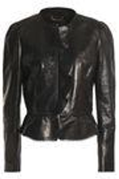 Shop Roberto Cavalli Lace And Ruffle-trimmed Leather Jacket In Black