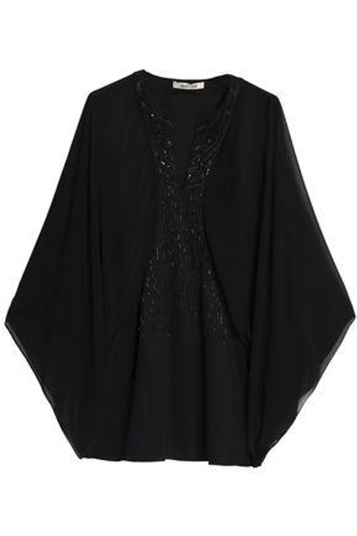 Shop Roberto Cavalli Embellished Georgette And Crepe Blouse In Black