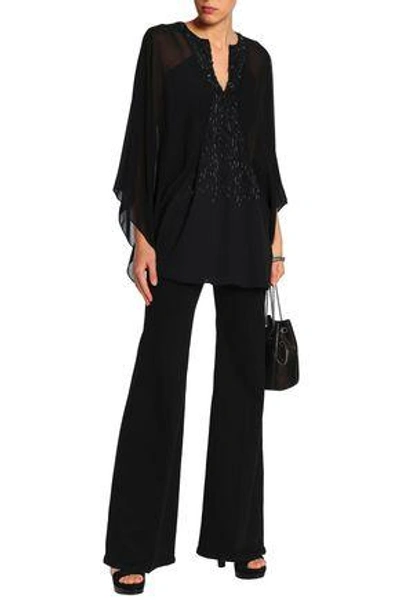 Shop Roberto Cavalli Embellished Georgette And Crepe Blouse In Black