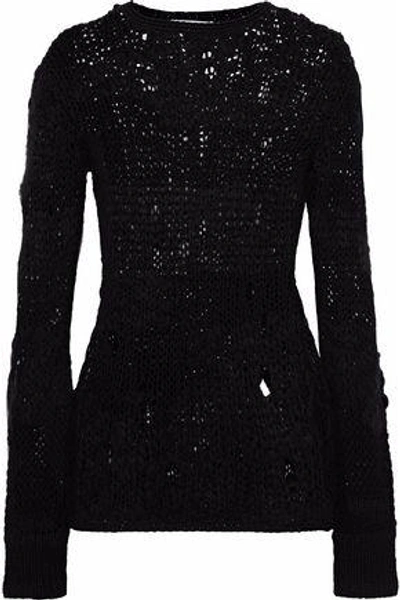 Shop Helmut Lang Woman Distressed Open-knit Wool-blend Sweater Black