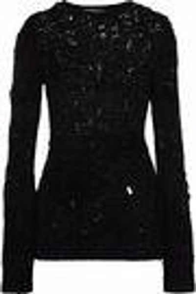 Shop Helmut Lang Woman Distressed Open-knit Wool-blend Sweater Black