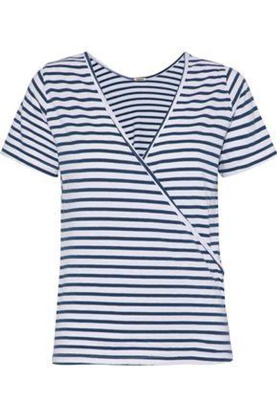 Shop Monrow Woman Wrap-effect Striped Cotton And Modal-blend Jersey T-shirt White