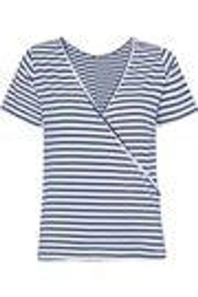 Shop Monrow Woman Wrap-effect Striped Cotton And Modal-blend Jersey T-shirt White