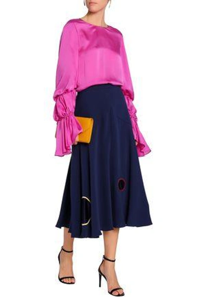 Shop Roksanda Satin-paneled Silk-cady Midi Skirt In Navy