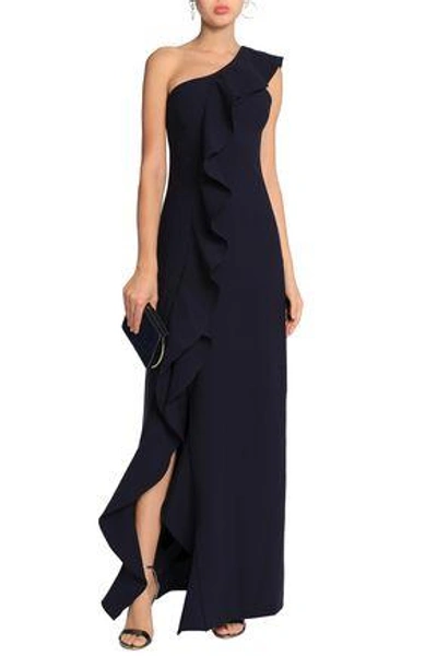 Shop Cinq À Sept One-shoulder Ruffled Cady Gown In Navy