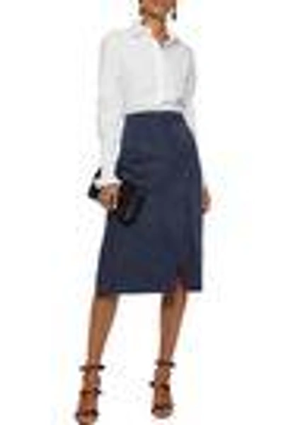 Shop Altuzarra Woman Jude Wrap-effect Pinstriped Gabardine Skirt Navy