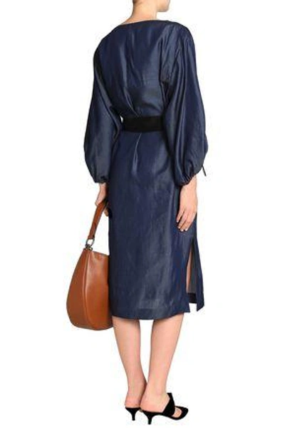 Shop Amanda Wakeley Woman Belted Chambray Midi Dress Dark Denim