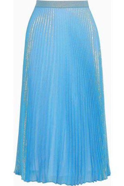 Shop Christopher Kane Woman Brillo Pad Pleated Silk-blend Lamé Midi Skirt Light Blue