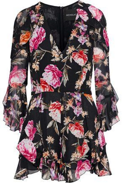 Shop Nicholas Woman Ruffle-trimmed Floral-print Silk-georgette Playsuit Midnight Blue