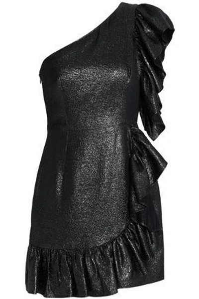 Shop Sandro Woman Metallic Ruffled Stretch-knit Mini Dress Gunmetal