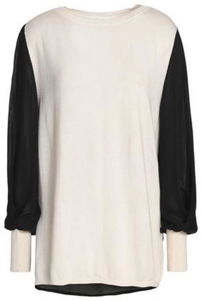 Shop Amanda Wakeley Ray Crepe De Chine-paneled Silk, Wool And Cashmere-blend Sweater In Ecru