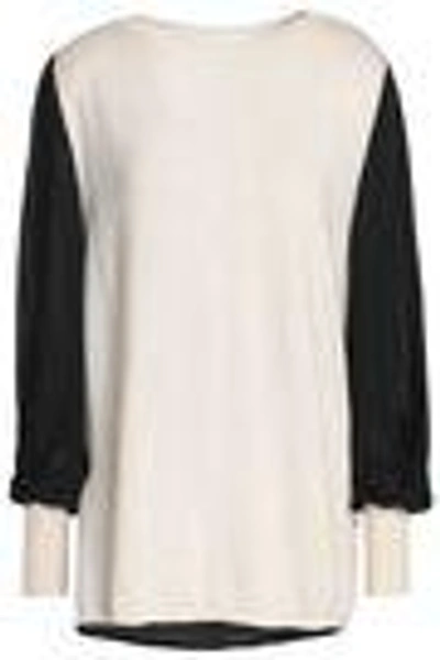 Shop Amanda Wakeley Ray Crepe De Chine-paneled Silk, Wool And Cashmere-blend Sweater In Ecru