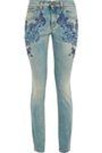 Shop Roberto Cavalli Woman Embroidered Distressed Mid-rise Skinny Jeans Mid Denim