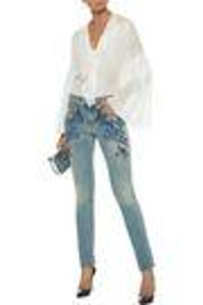 Shop Roberto Cavalli Woman Embroidered Distressed Mid-rise Skinny Jeans Mid Denim