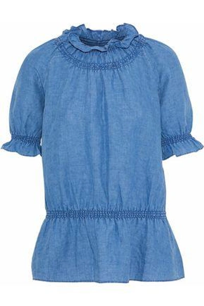 Shop M.i.h. Jeans M.i.h Jeans Woman Parkin Linen And Cotton-blend Chambray Peplum Top Blue