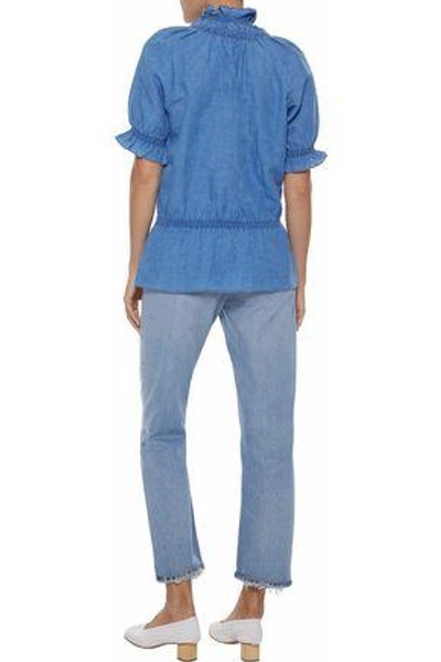Shop M.i.h. Jeans M.i.h Jeans Woman Parkin Linen And Cotton-blend Chambray Peplum Top Blue