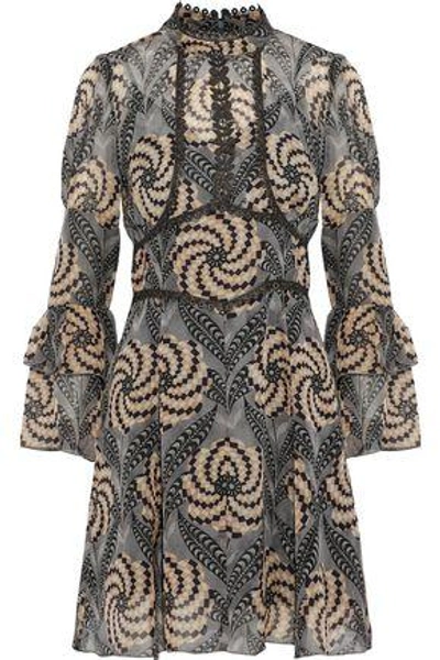 Shop Anna Sui Metallic Crochet-trimmed Printed Chiffon Mini Dress In Gray