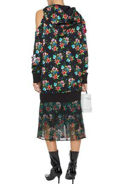 Shop Christopher Kane Woman Crystal-embellished Cutout Floral-print Cotton-terry Hoodie Black