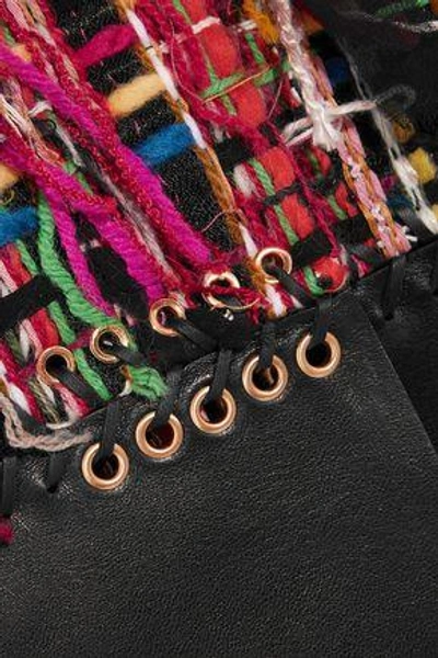 Shop Alexander Mcqueen Leather-paneled Fringed Bouclé-tweed Coat In Multicolor