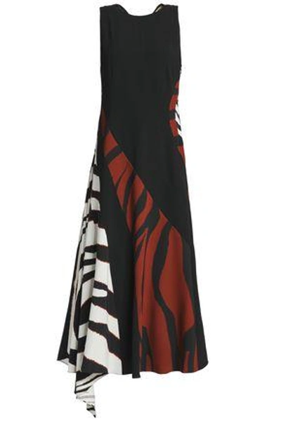 Shop Roberto Cavalli Woman Draped Zebra-print Stretch-jersey And Crepe Midi Dress Black