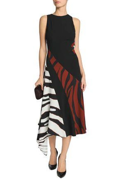 Shop Roberto Cavalli Woman Draped Zebra-print Stretch-jersey And Crepe Midi Dress Black