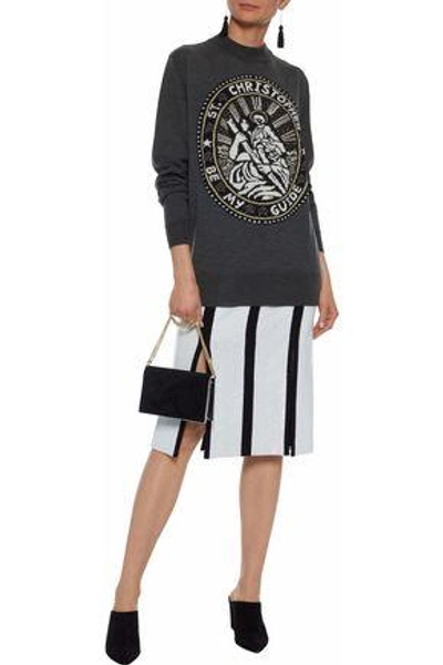 Shop Christopher Kane Woman Metallic Intarsia-knit Wool-blend Sweater Dark Gray