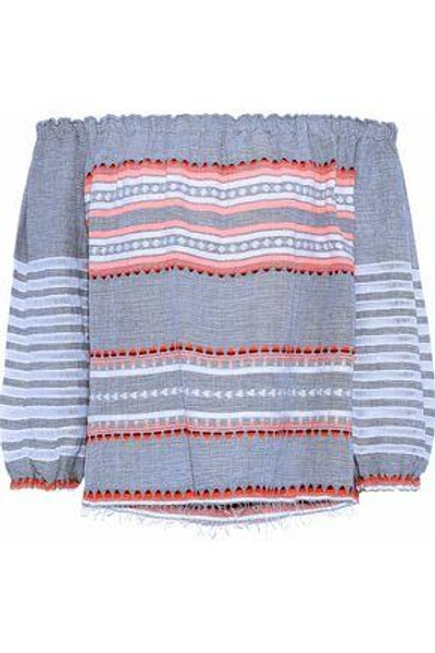 Shop Lemlem Woman Makari Off-the-shoulder Embroidered Cotton And Wool-blend Blouse Light Denim