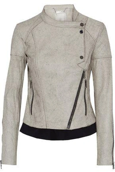 Shop Ashley B Woman Cotton-trimmed Cracked-leather Biker Jacket Ivory
