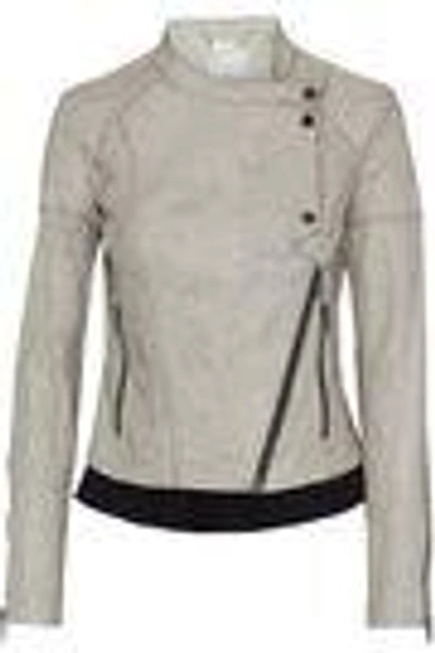 Shop Ashley B Woman Cotton-trimmed Cracked-leather Biker Jacket Ivory