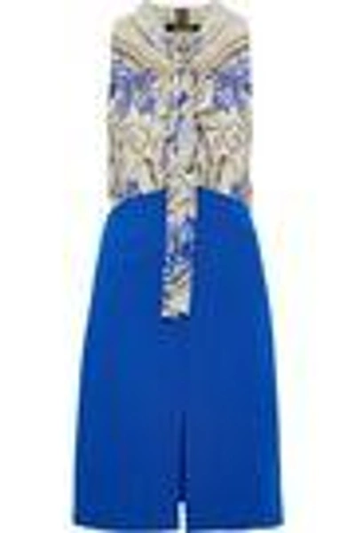 Shop Roberto Cavalli Woman Pussy-bow Printed Silk-chiffon And Ponte Dress Blue