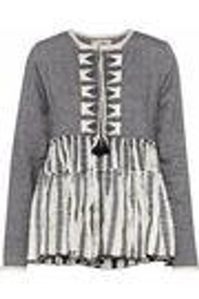 Shop Lemlem Woman Dalila Embroidered Gauze-paneled Herringbone Silk Top Dark Gray