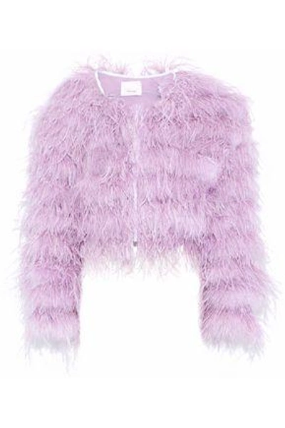 Shop Cinq À Sept Woman Lennox Cropped Feather-embellished Mesh Jacket Lilac